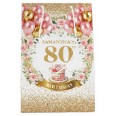 美しい金ゴールドナンバー80誕生日赤面花 ミディアムペーパーバッグ (正面)