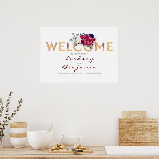 美しい金ゴールドネイビーブルーとブルゴーニュ結婚ーズ ポスター (キッチン)