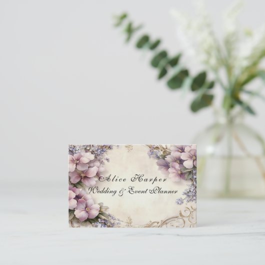 美しい金ゴールドフィリグラーピンクラベンダーの花 名刺 (スタンド正面)
