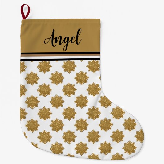 美しい金ゴールドフェイクグリッタースノーフレーク名前をカスタムする ラージクリスマスストッキング (正面)