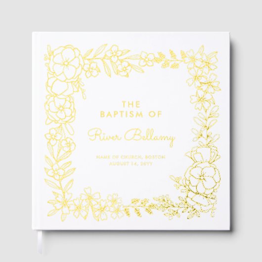 美しい金ゴールドフローラフレームバプテスマ ゲストブック (正面)