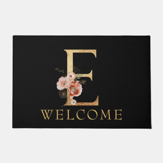 美しい金ゴールドモノグラムEとPOPPY花 ドアマット (正面)