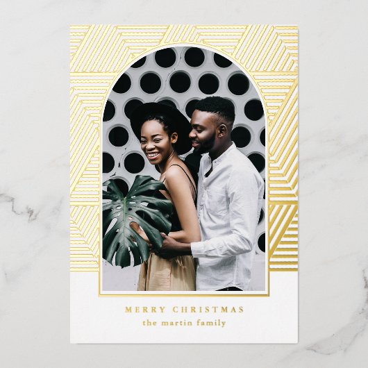 美しい金ゴールド幾何学模様フォトクリスマス 箔シーズンカード (正面)