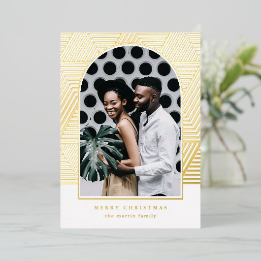 美しい金ゴールド幾何学模様フォトクリスマス 箔シーズンカード (立ち正面)