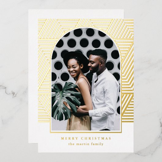 美しい金ゴールド幾何学模様フォトクリスマス 箔シーズンカード (正面/裏面)