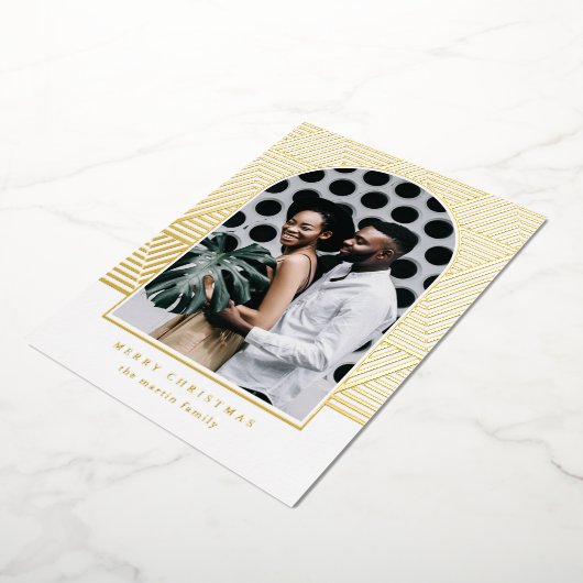 美しい金ゴールド幾何学模様フォトクリスマス 箔シーズンカード (回転した状態)