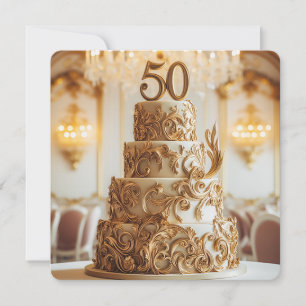 美しい金ゴールド50結婚周年記念ケーキ 招待状
