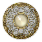 美しい金ゴールド&シルバーとパールジュエルデザイン セラミックノブ (正面)