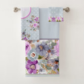 美しい金色の紫のフローラオングレー水玉模様 バスタオルセット (インサイチュ)