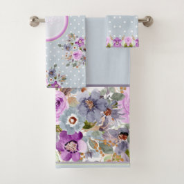 美しい金色の紫のフローラオングレー水玉模様 バスタオルセット