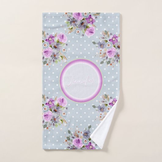 美しい金色の紫のフローラオングレー水玉模様 バスタオルセット (ハンドタオル)