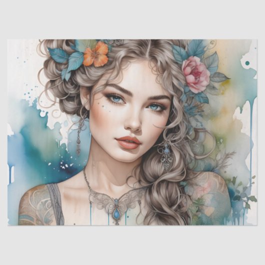 美しい銀髪の女性デカップファニチャー 薄葉紙 (正面)