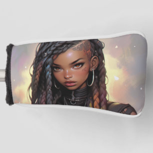 美しい長い三つ編みアンダーカット黒いアニメの女の子 ゴルフヘッドカバー