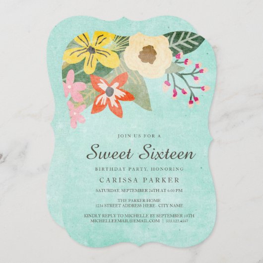 美しい開花のSweet sixteenの誕生日の招待状 招待状 (正面/裏面)