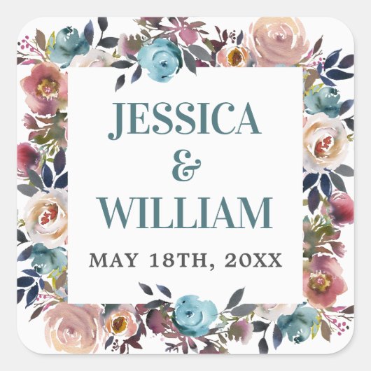 美しい開花フローラ春水色結婚の スクエアシール (正面)