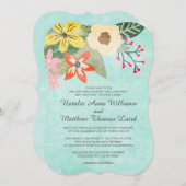 美しい開花水色フローラ結婚ズ/アクア 招待状 (正面/裏面)