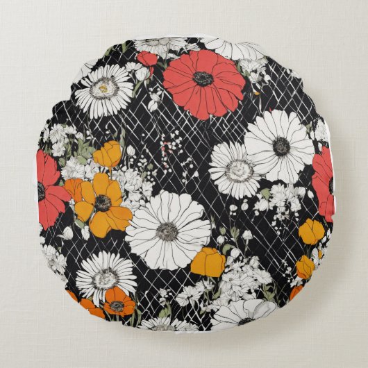 美しい開花：赤、白、黄色の花のデザイン ラウンドクッション (正面)