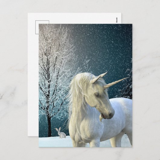 美しい雪のホリデー シーンの冬のユニコーン シーズンポストカード (正面/裏面)