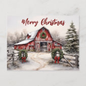 美しい雪の冬の赤い素朴納屋クリスマス シーズンポストカード (正面)