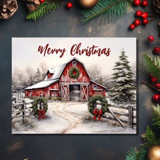 美しい雪の冬の赤い素朴納屋クリスマス シーズンポストカード