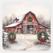 美しい雪の冬の赤い素朴納屋クリスマス スクエアシール (正面)