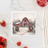 美しい雪の冬の赤い素朴納屋クリスマス スタンダードカクテルナプキン (インサイチュ)