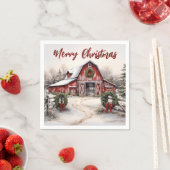 美しい雪の冬の赤い素朴納屋クリスマス スタンダードカクテルナプキン (インサイチュ)