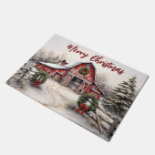 美しい雪の冬の赤い素朴納屋クリスマス ドアマット (アングル)
