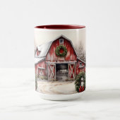 美しい雪の冬の赤い素朴納屋クリスマス マグカップ (中央)