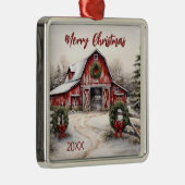 美しい雪の冬の赤い素朴納屋クリスマス メタルオーナメント (右)