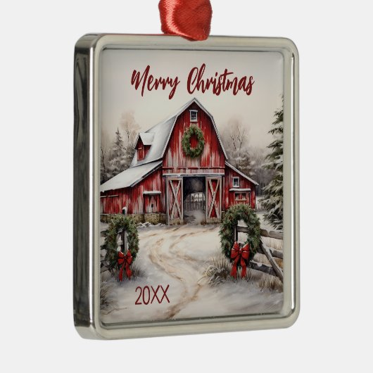 美しい雪の冬の赤い素朴納屋クリスマス メタルオーナメント (右)