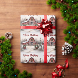 美しい雪の冬の赤い素朴納屋クリスマス ラッピングペーパー