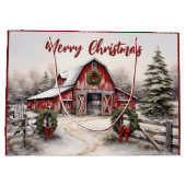 美しい雪の冬の赤い素朴納屋クリスマス ラージペーパーバッグ (裏面)