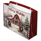 美しい雪の冬の赤い素朴納屋クリスマス ラージペーパーバッグ (裏面アングル)