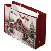 美しい雪の冬の赤い素朴納屋クリスマス ラージペーパーバッグ (正面アングル)