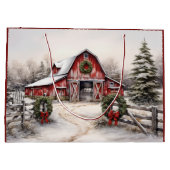 美しい雪の冬の赤い素朴納屋クリスマス ラージペーパーバッグ (裏面)