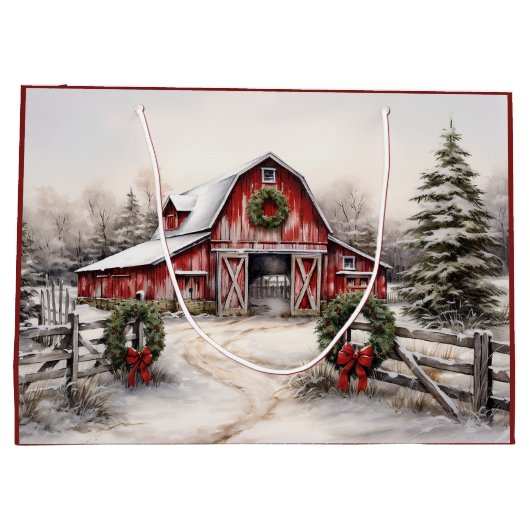 美しい雪の冬の赤い素朴納屋クリスマス ラージペーパーバッグ (裏面)