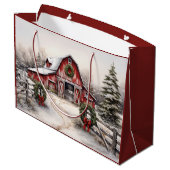 美しい雪の冬の赤い素朴納屋クリスマス ラージペーパーバッグ (裏面アングル)
