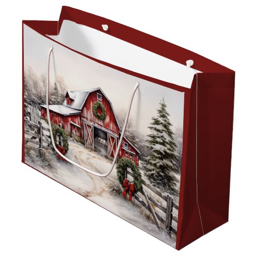 美しい雪の冬の赤い素朴納屋クリスマス ラージペーパーバッグ (正面アングル)