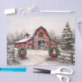 美しい雪の冬の赤い素朴納屋クリスマス 薄葉紙 (クラフト)