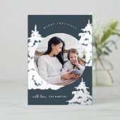 美しい青いクリスマスツリー2つの写真の休日 箔シーズンカード (立ち正面)