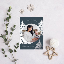 美しい青いクリスマスツリー2つの写真の休日 箔シーズンカード