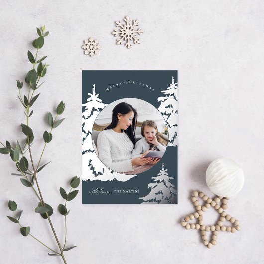 美しい青いクリスマスツリー2つの写真の休日 箔シーズンカード