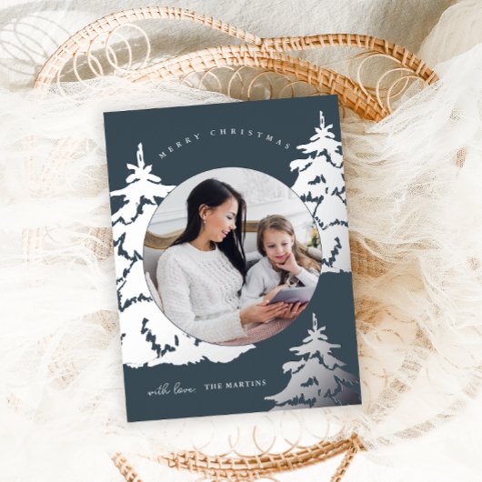 美しい青いクリスマスツリー2つの写真の休日 箔シーズンポストカード