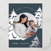 美しい青いクリスマスツリー2つの写真の休日 箔シーズンポストカード (正面)