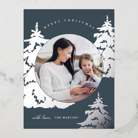 美しい青いクリスマスツリー2つの写真の休日 箔シーズンポストカード (正面)