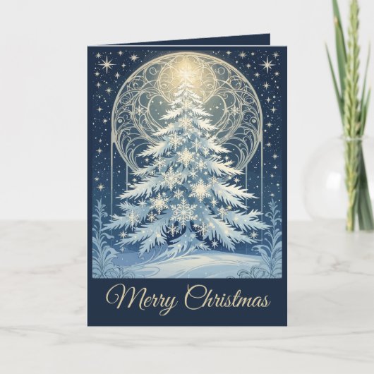 美しい青いクリスマス ユール ツリーの雪と星 シーズンカード (正面)
