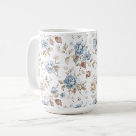 美しい青いクリーム色のベージュ茶色の花 コーヒーマグカップ (正面左)