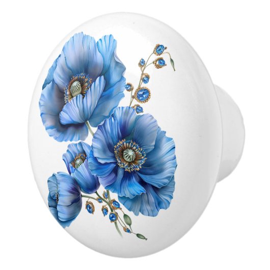 美しい青いケシと石 セラミックノブ (右)