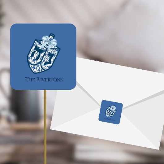 美しい青いドレイデル シノワズリー ネームステッカー スクエアシール